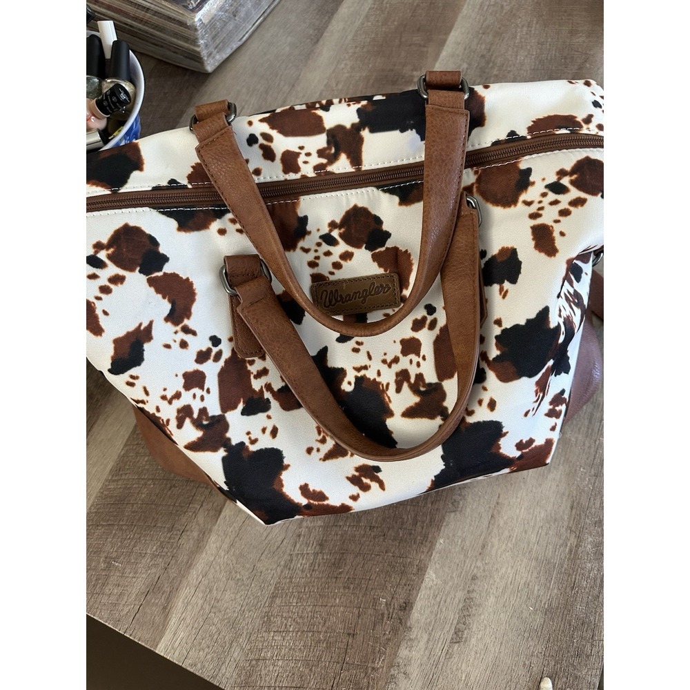 Wrangler Cow Print Weekender Duffel Bag Western Travel Carry On Brown Cream